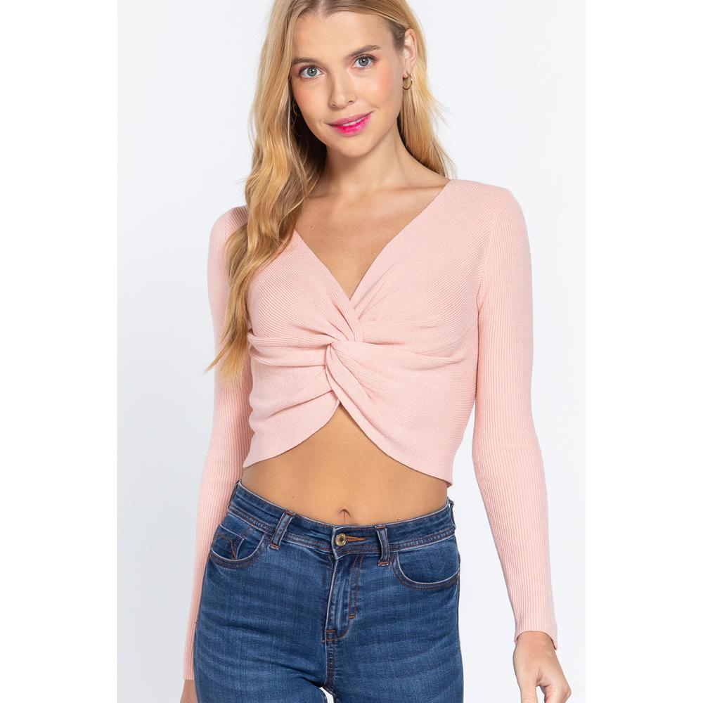 V-neck Front Knotted Crop Sweater - Picture 1 of 7